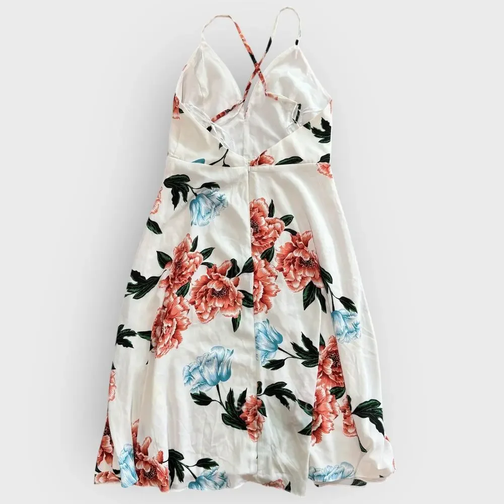 Lulus Floral Midi Dress Medium White Plunge Neck Crisscross Back Romantic Summer